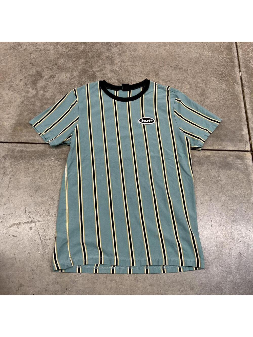 vintage huf blue and yellow striped small logo shirt size medium HAS HOLE